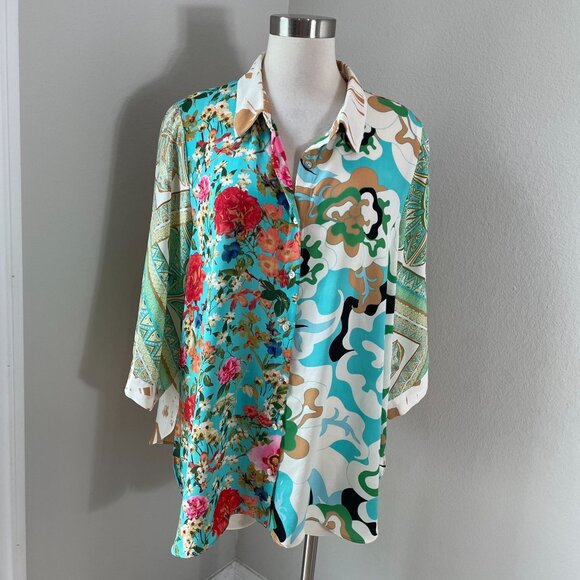 Rose + Olive Womens Plus 1X Multicolor Button Up Blouse 3/4 Sleeve Shirt Top - Picture 1 of 12